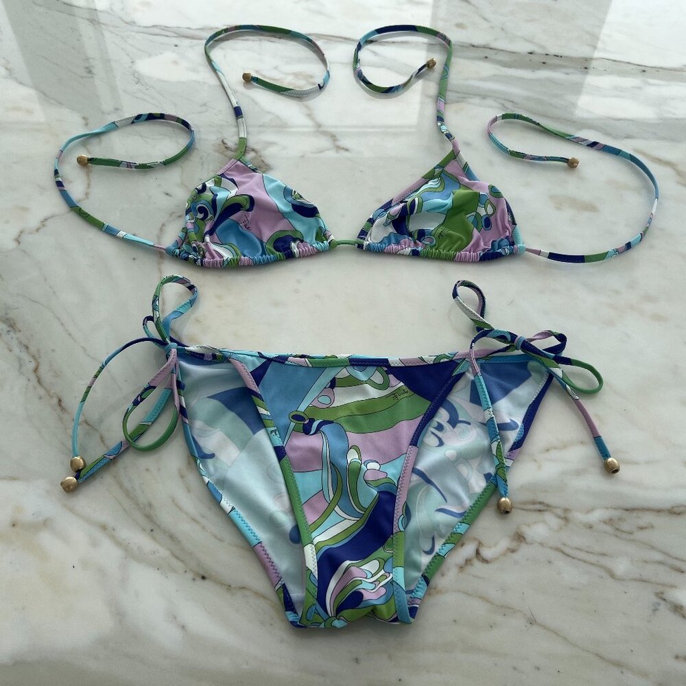 EMILIO PUCCI BLUE GREEN LAVENDER WHITE STRING BIKINI SIZE IT 42 / US 8